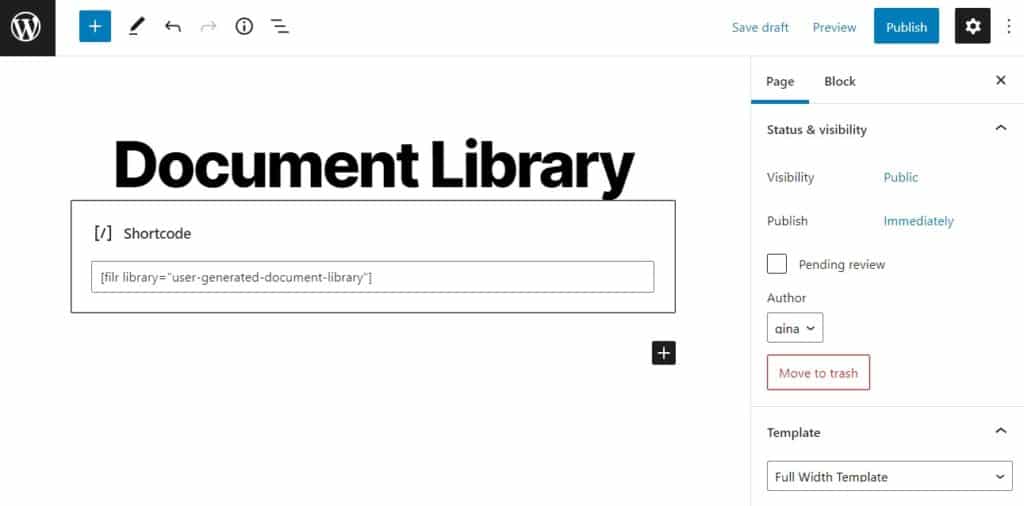 add document library shortcode to page filr