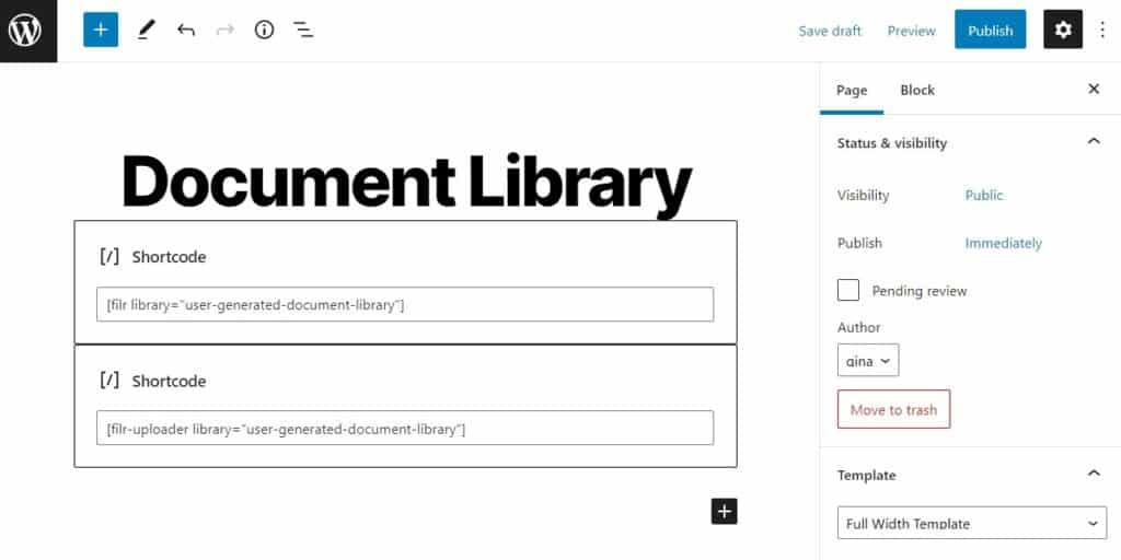 add user generated document library to page filr