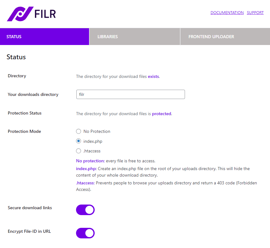 filr protection status settings