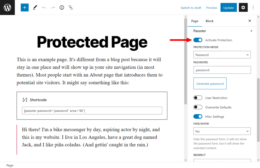 passster activate page protection wordpress