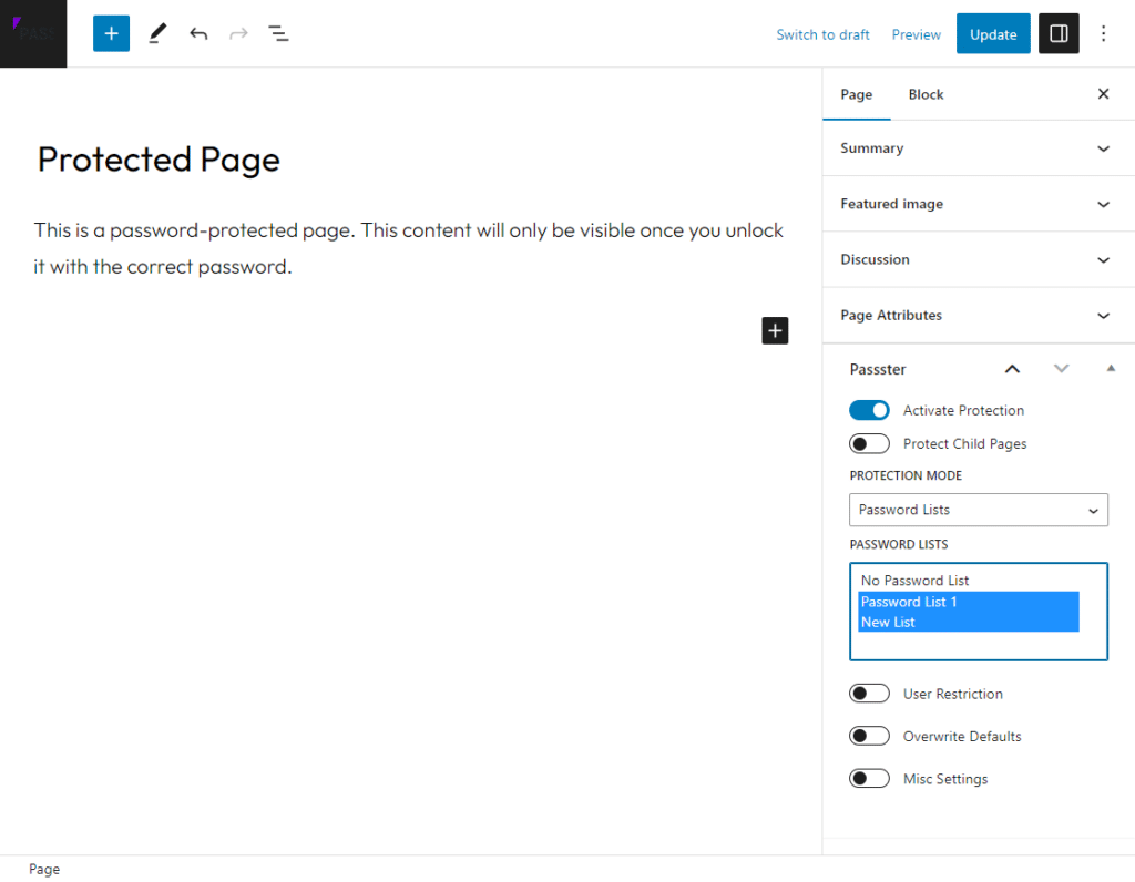 select password lists protected page